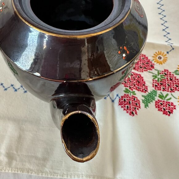 1940 - 1950's Vintage Japanese Moriage Teapot Brown Betty Style Glazed Gold Trim - Picture 12 of 14